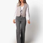 Pantalón Talle Alto Recto Botones Gris - S, GRIS