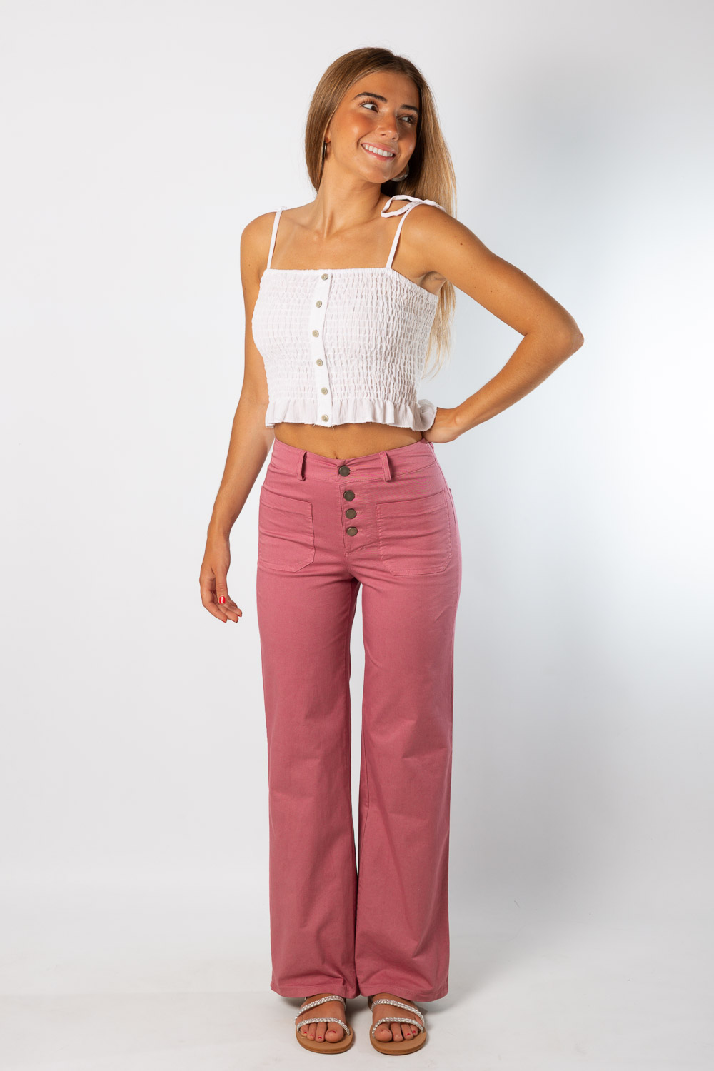 Pantalón Talle Alto Recto Botones Rosa
