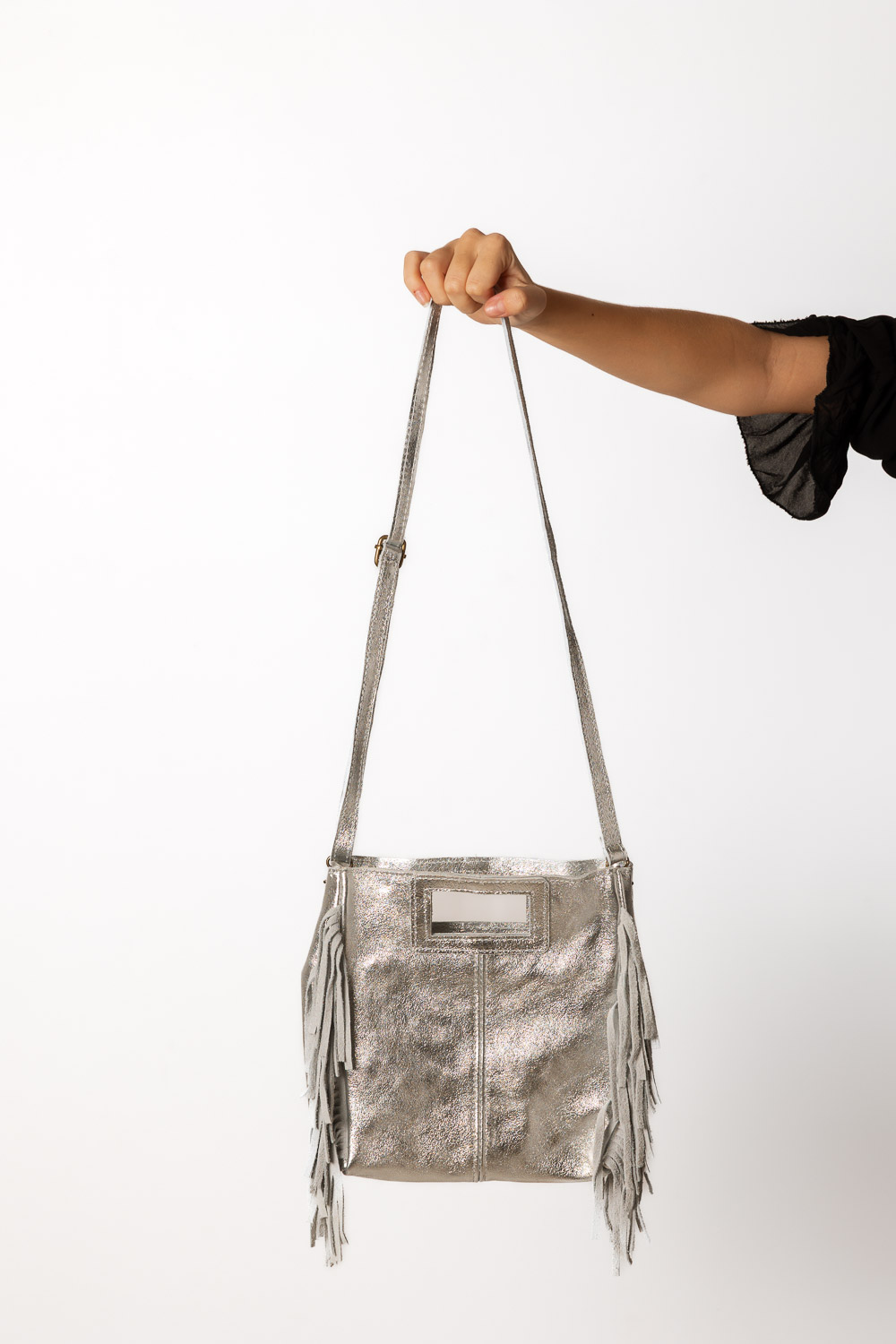 Bolso Flecos Piel Plata