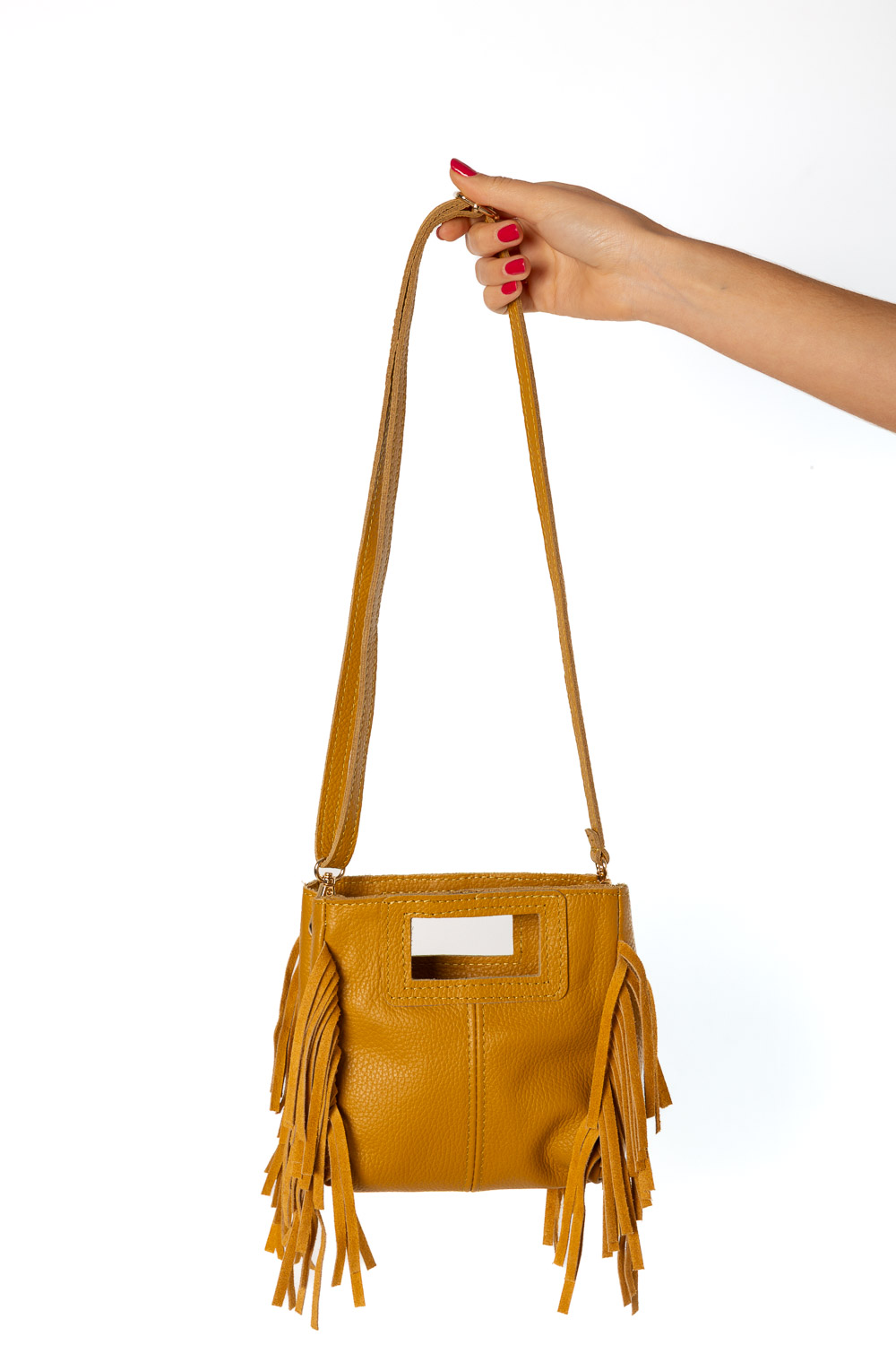 Bolso Flecos Piel Mostaza