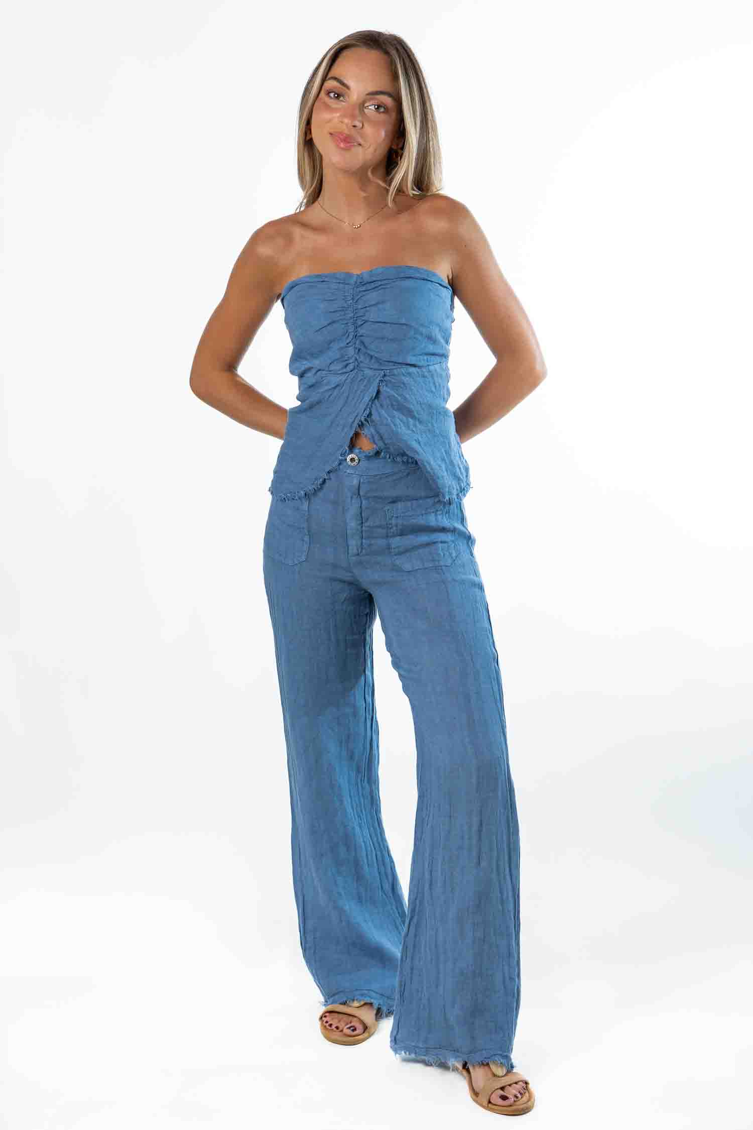 Pantalón 100% Lino Desflecado Azul