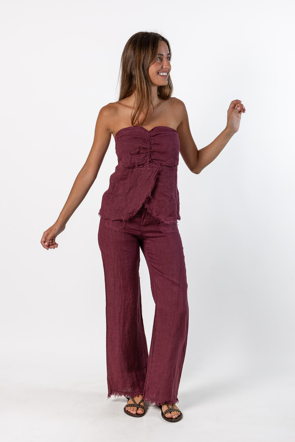Pantalón 100% Lino Desflecado Uva