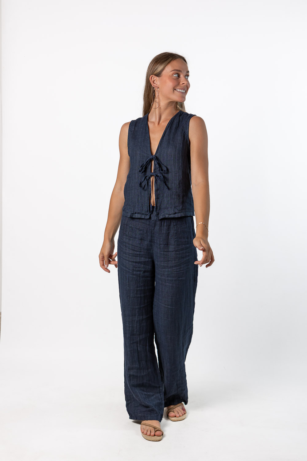 Pantalón Recto Diplo 100% Lino Azul Marino