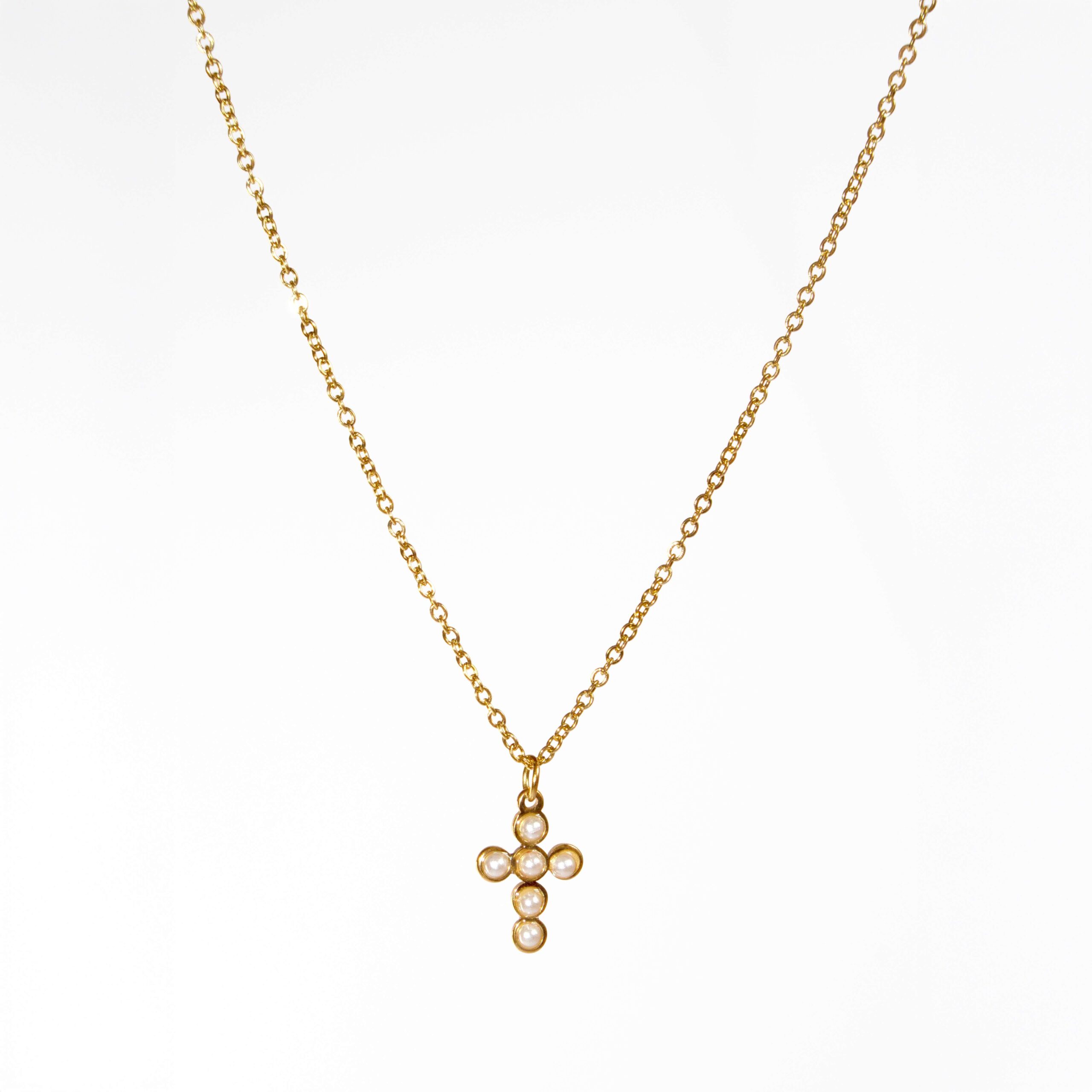 Collar Cruz 6 Perlas Dorado