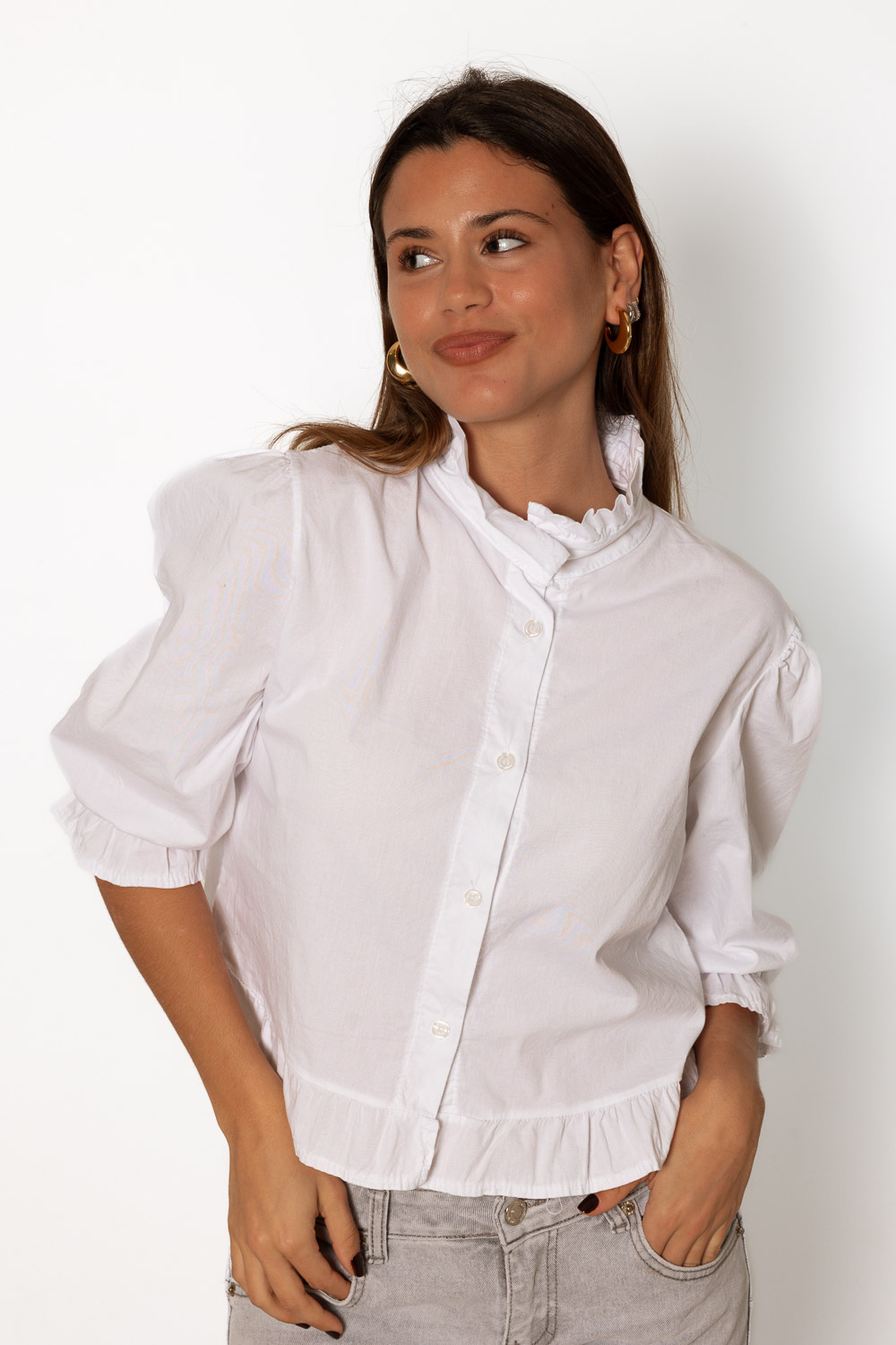 Camisa Volantes Manga Abullonada Blanco 1206 Ropa Casual Primavera Brookville