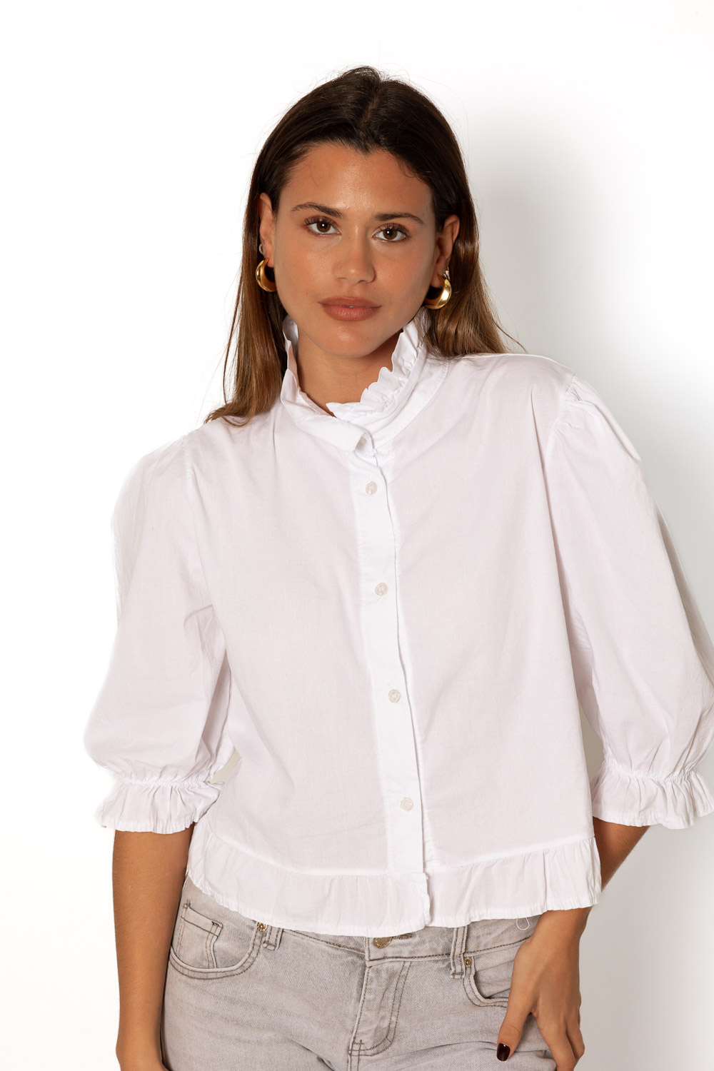 Camisa Volantes Manga Abullonada Blanco 1209 Ropa Casual Primavera Brookville