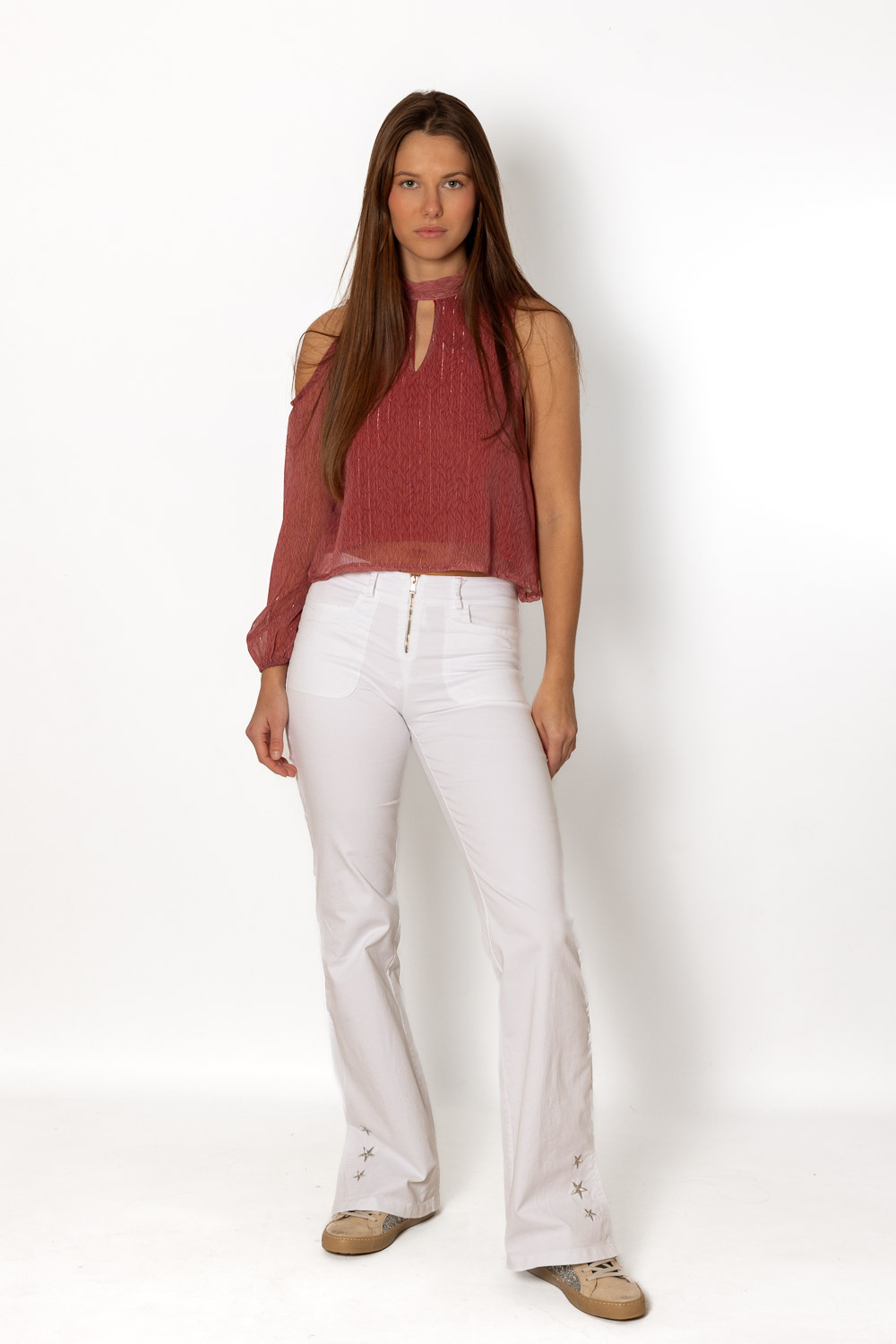 Pantalón Blanco Aberturas Estrellas Bordado 1246 Ropa Casual Primavera Brookville