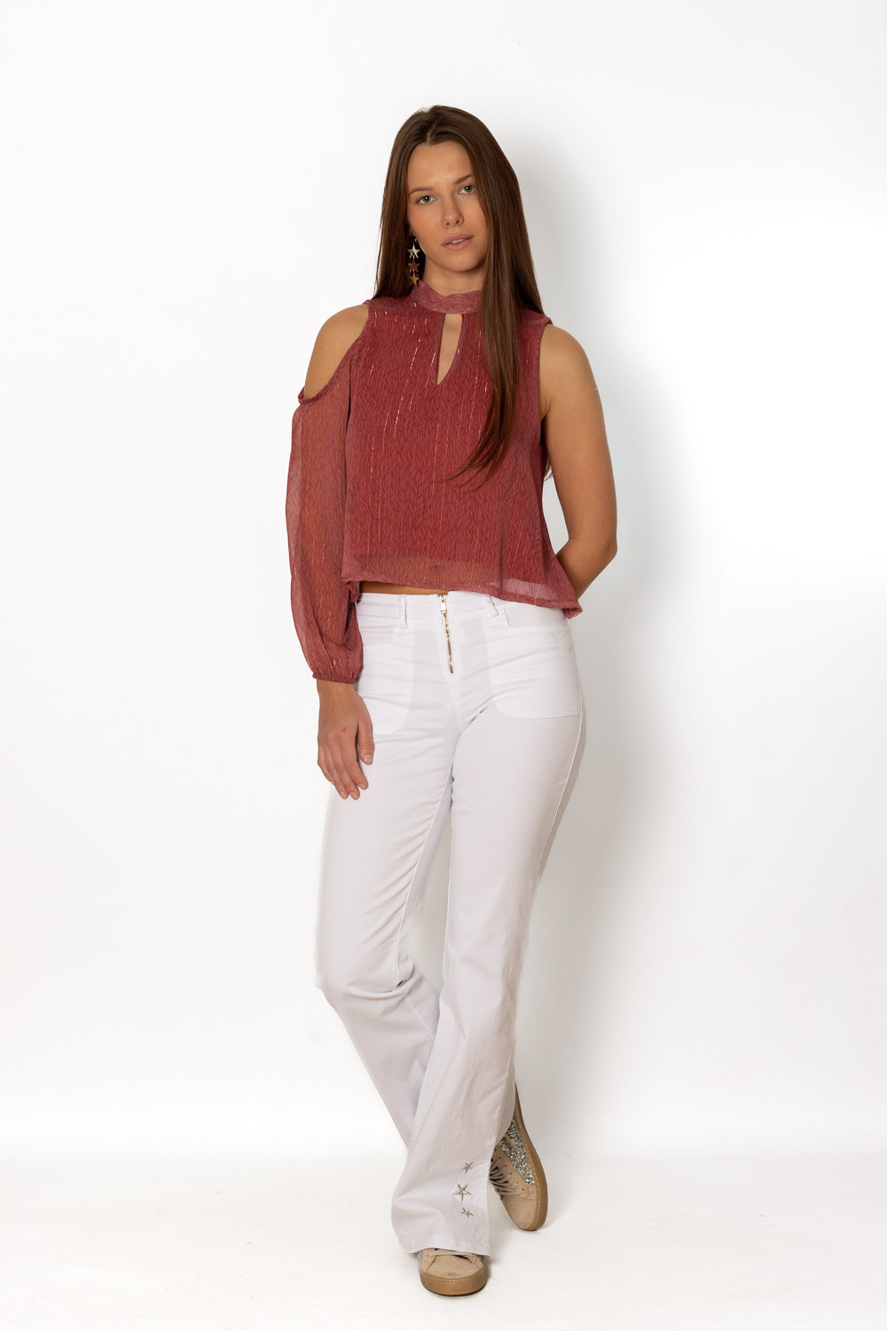 Pantalón Blanco Aberturas Estrellas Bordado 1254 Ropa Casual Primavera Brookville
