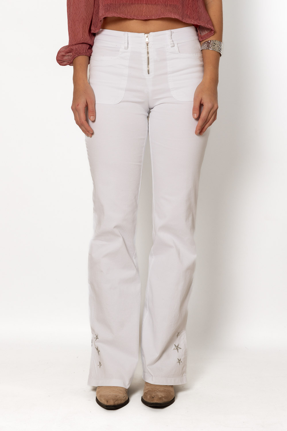 Pantalón Blanco Aberturas Estrellas Bordado 1274 Ropa Casual Primavera Brookville