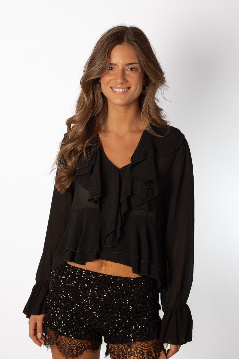 1549Blusa Gasa Negra Volantes Brookville