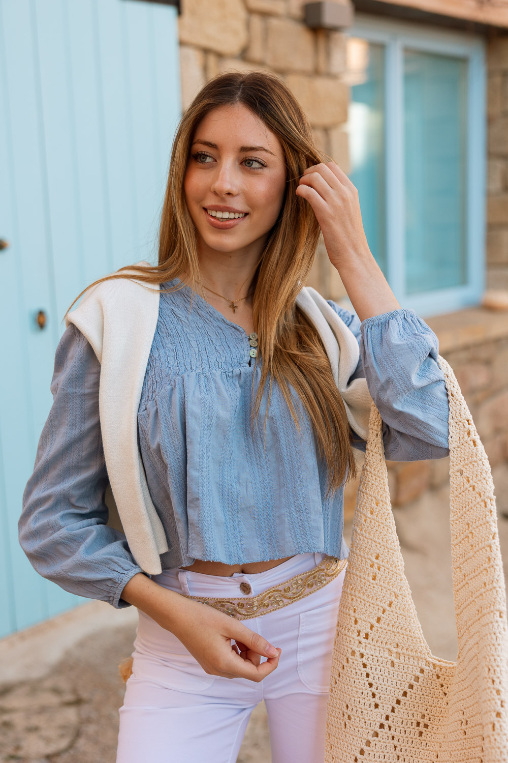 Blusa Espiga Botones Azul