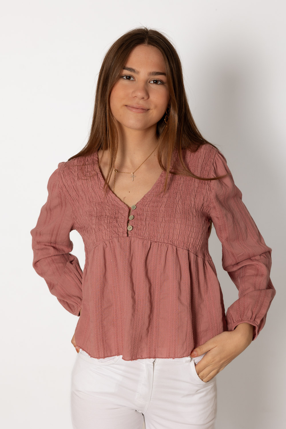Blusa Rosa Espiga Botones Brookville