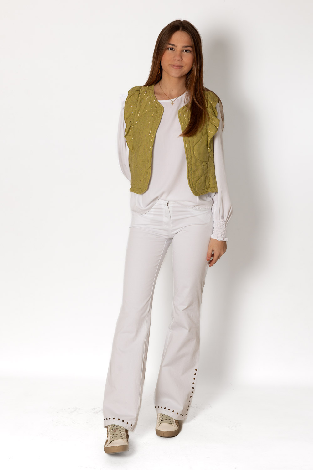 Pantalón Blanco Flare Tachuelas Cobre Brookville