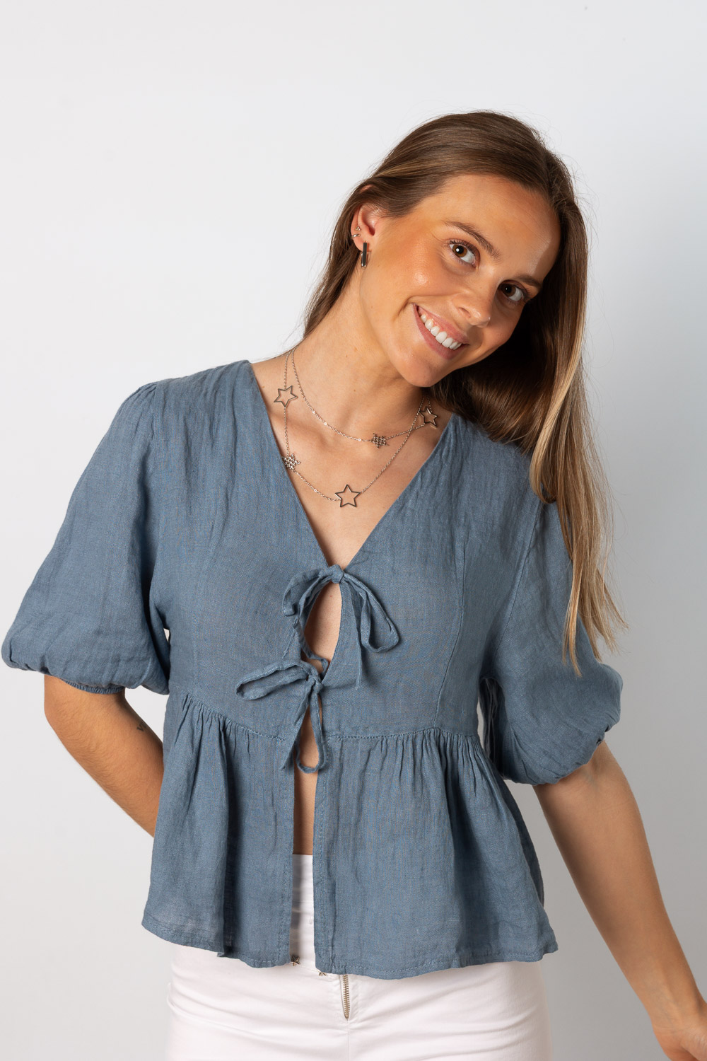 Blusa lino lazos azul brookville