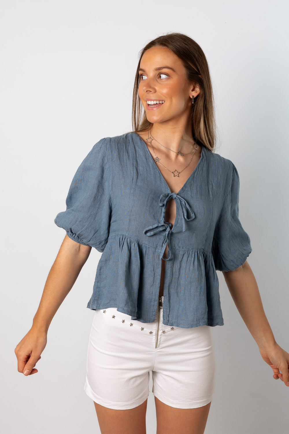 Blusa lino lazos azul brookville
