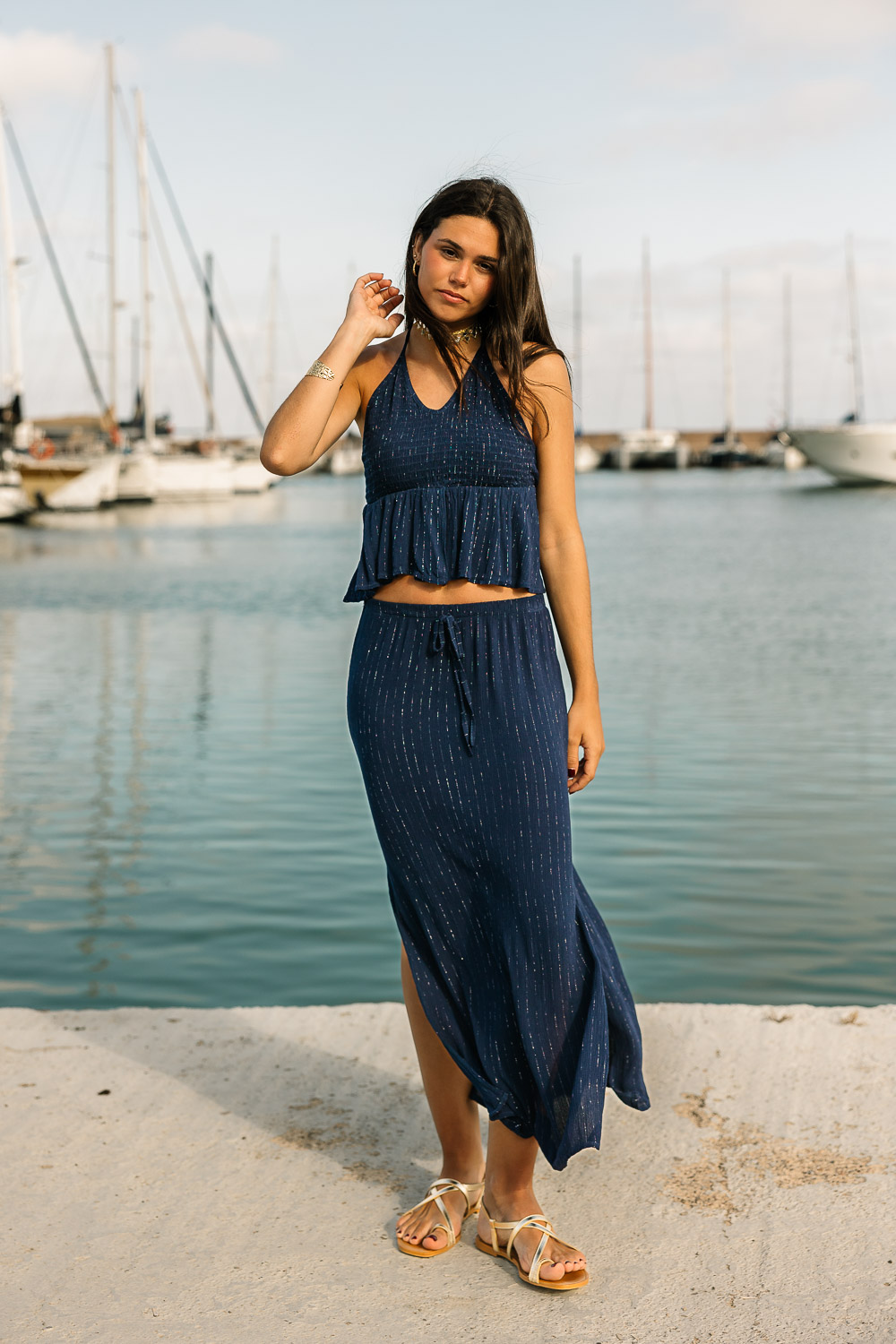 Falda midi diplo azul
