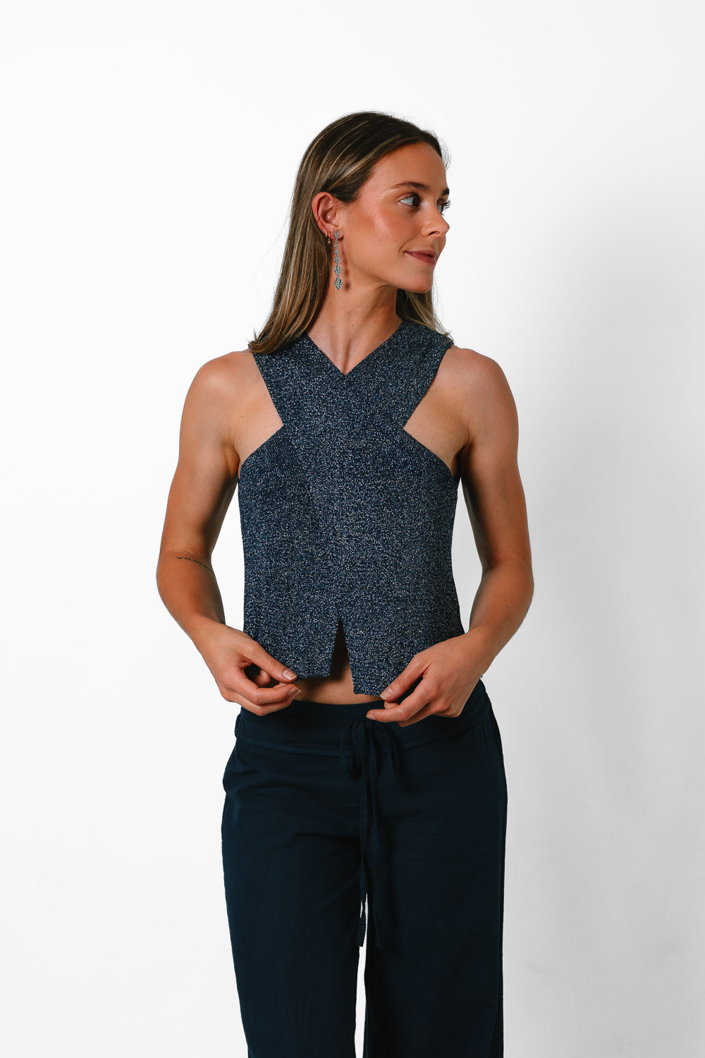 Top Glitter Cruzado Azul