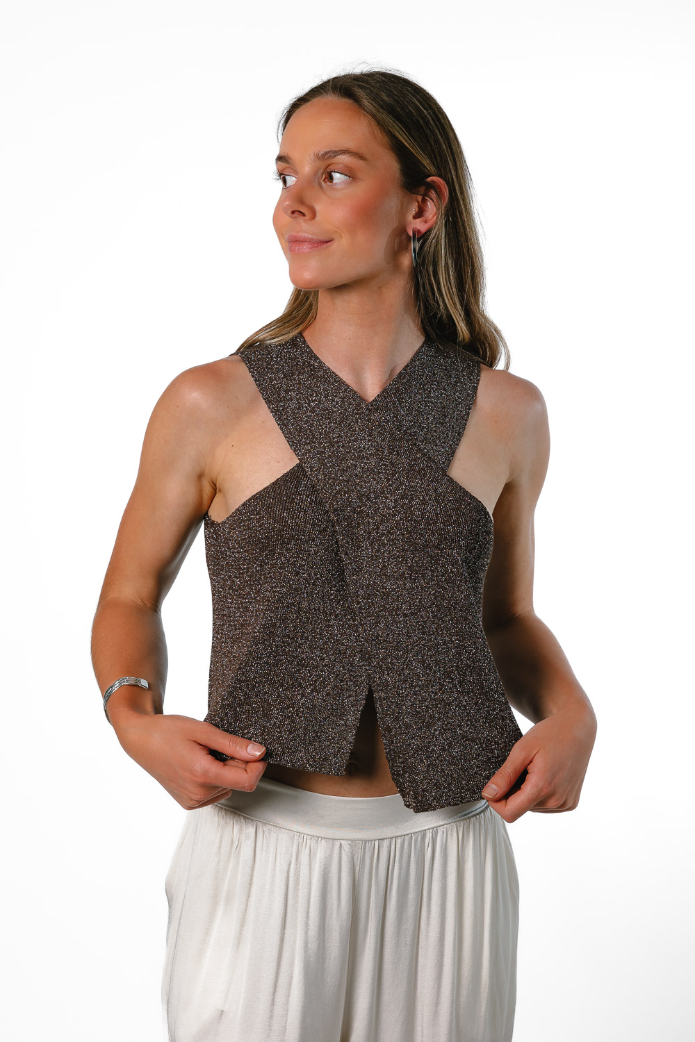 Top Glitter Cruzado Marrón