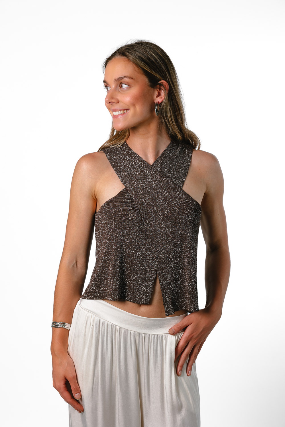 Top Glitter Cruzado Marrón