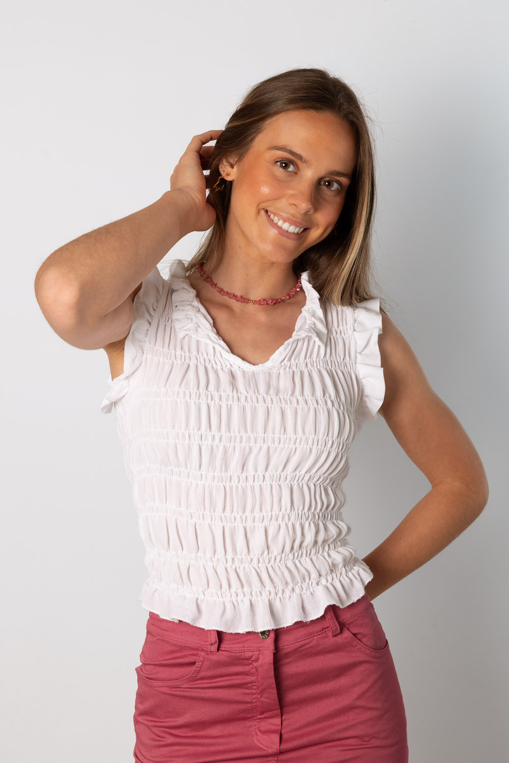 Top fruncido elastico escote v blanco brookville