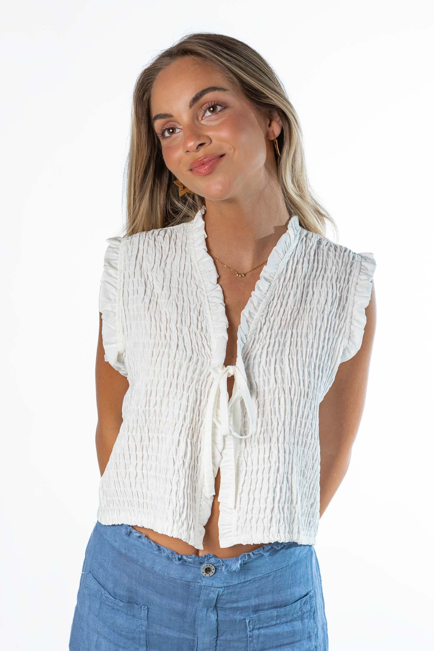 Blusa abierta nido abeja blanco