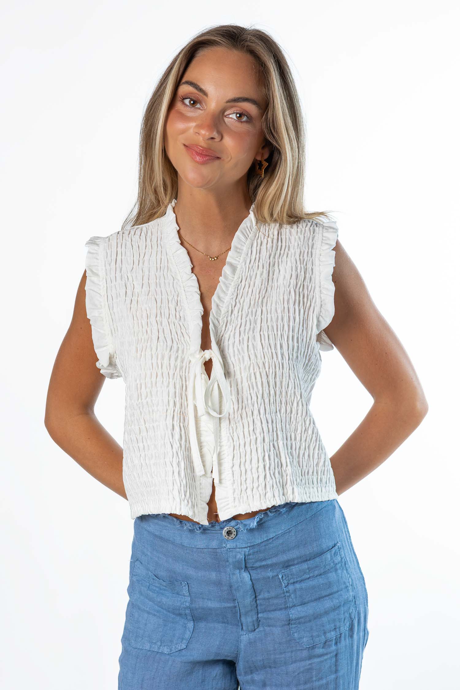 Blusa abierta nido abeja blanco