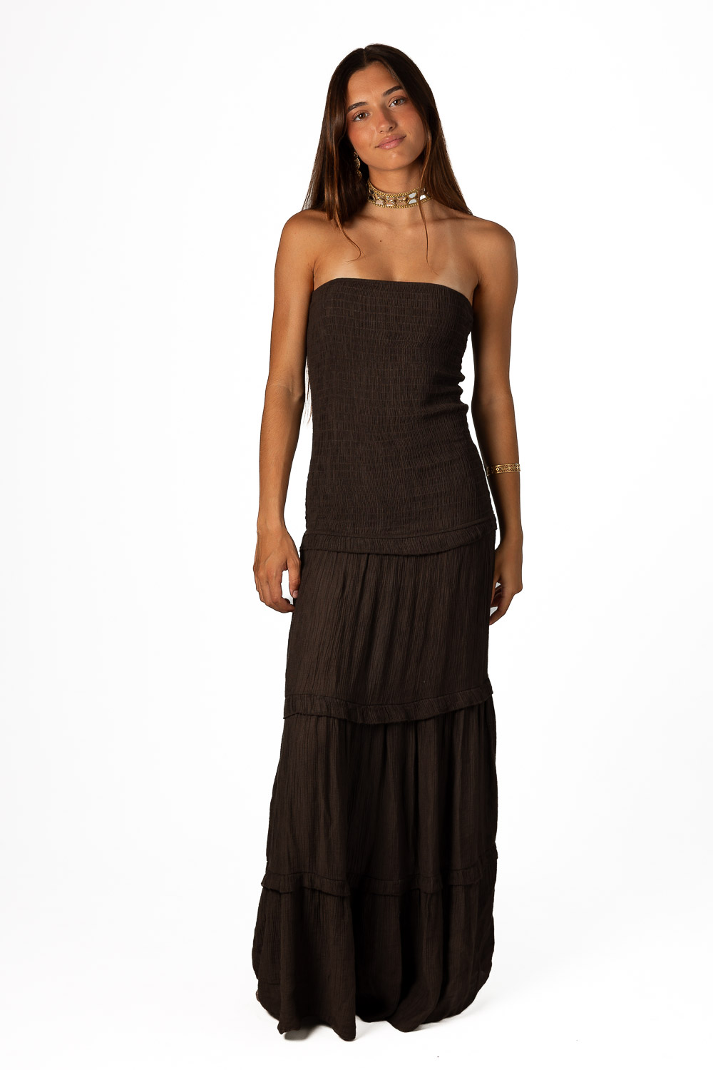 Vestido Viscosa Volantes Marrón