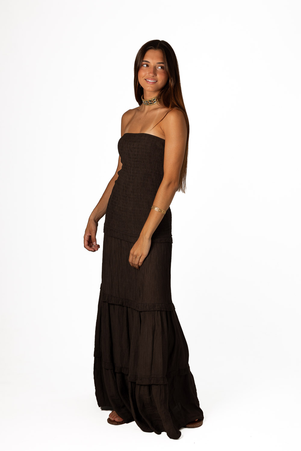 Vestido Viscosa Volantes Marrón