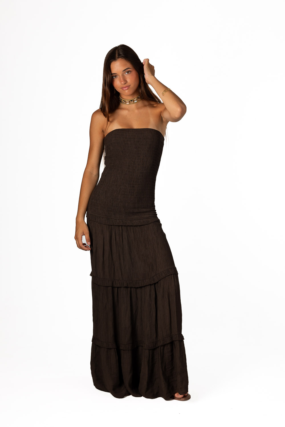 Vestido Viscosa Volantes Marrón
