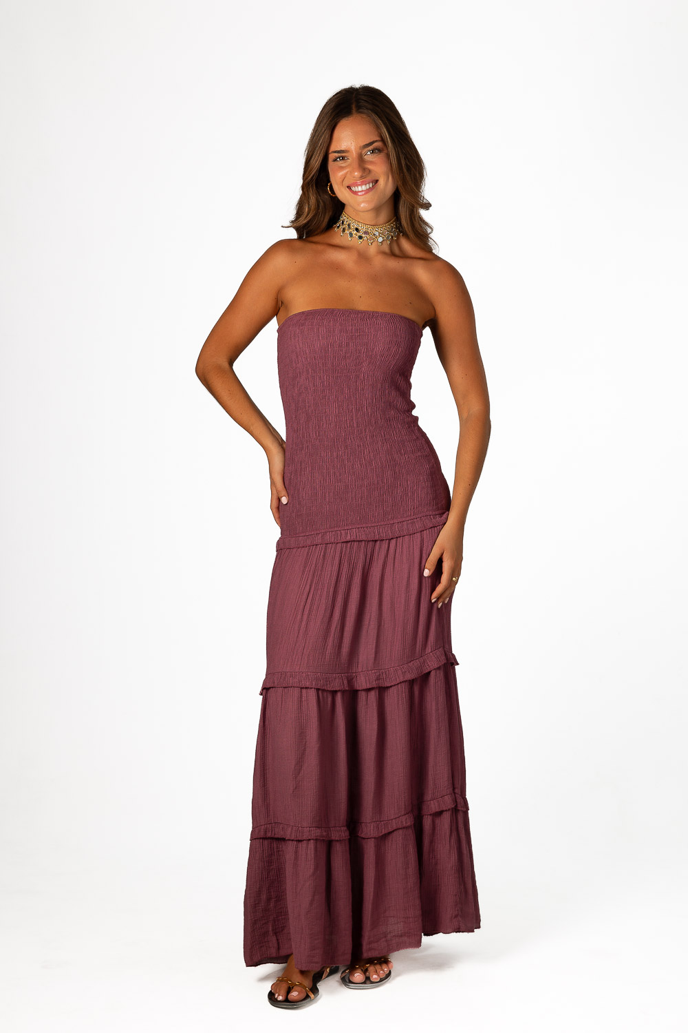 Vestido Palabra Honor Viscosa Volantes Uva