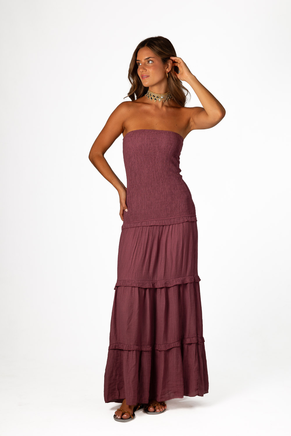 Vestido Palabra Honor Viscosa Volantes Uva