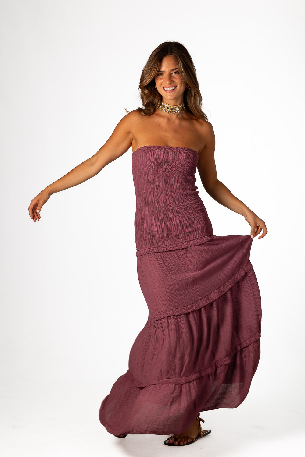 Vestido Palabra Honor Viscosa Volantes Uva
