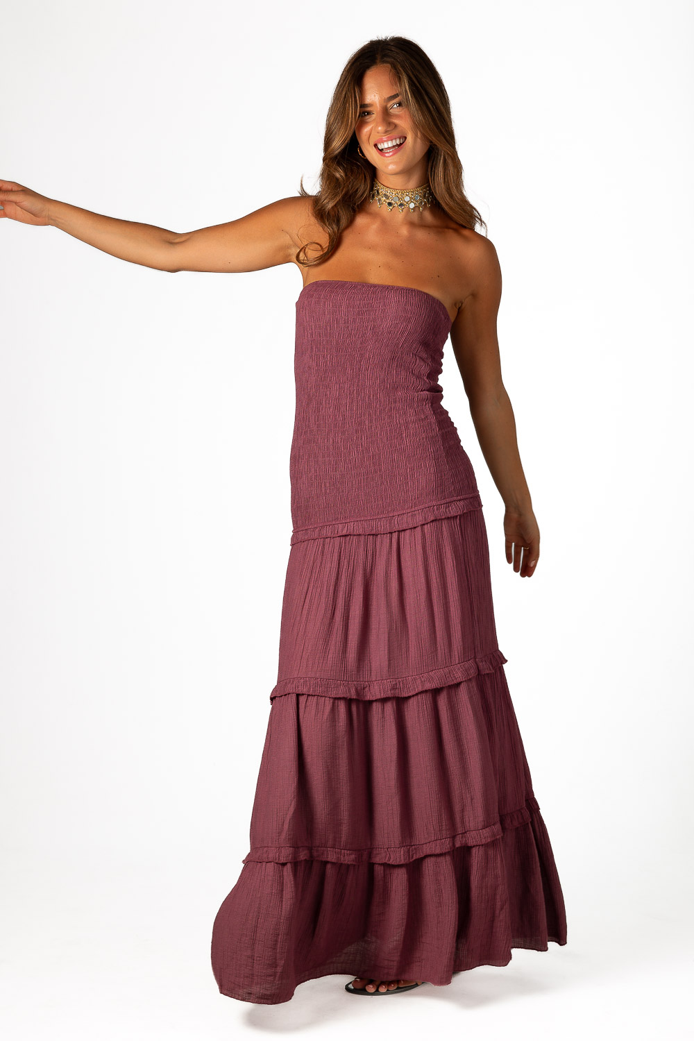 Vestido Palabra Honor Viscosa Volantes Uva