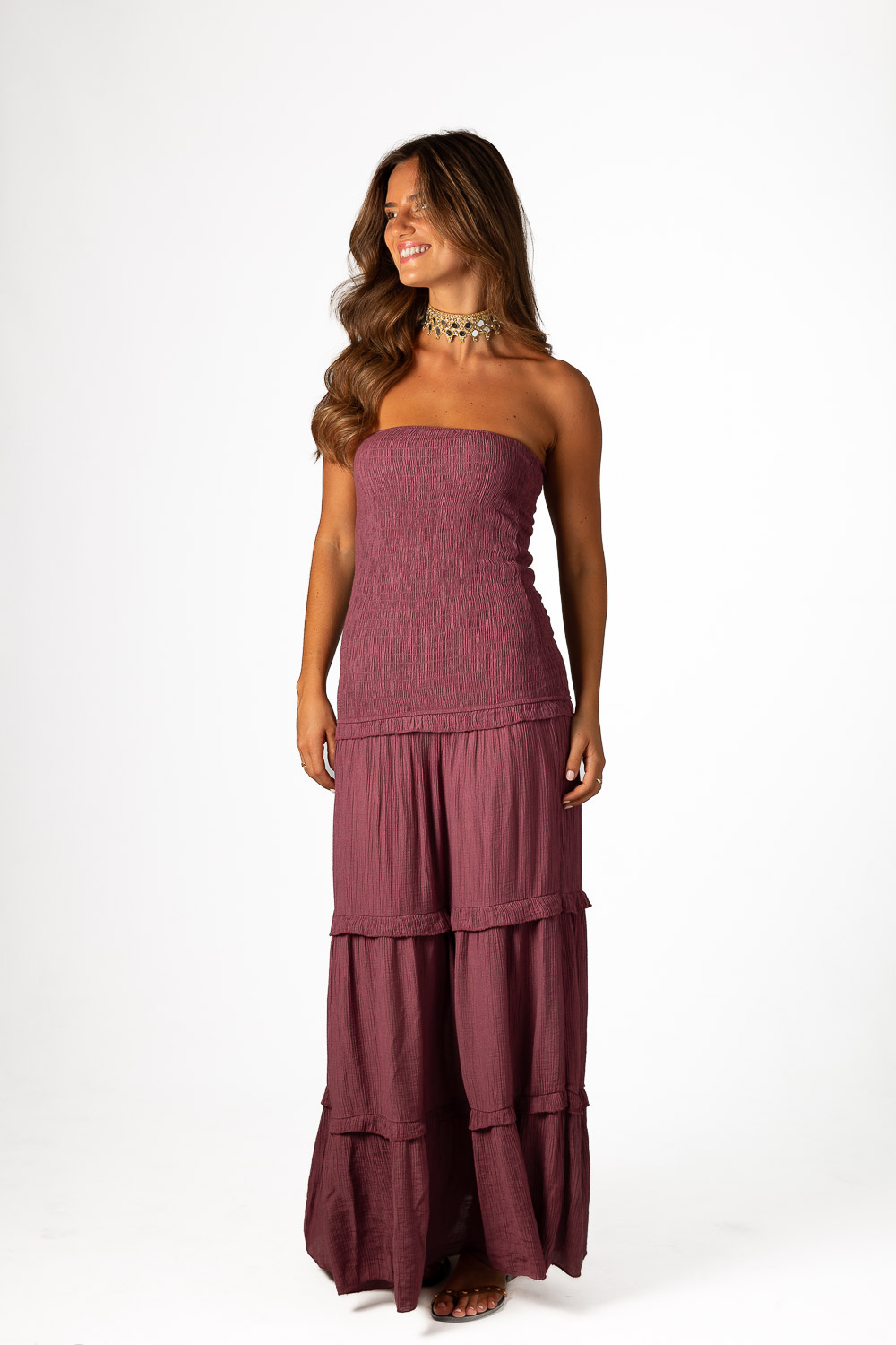 Vestido Palabra Honor Viscosa Volantes Uva