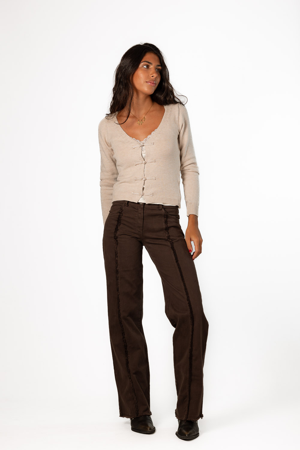 Pantalón Recto Desflecado Marrón