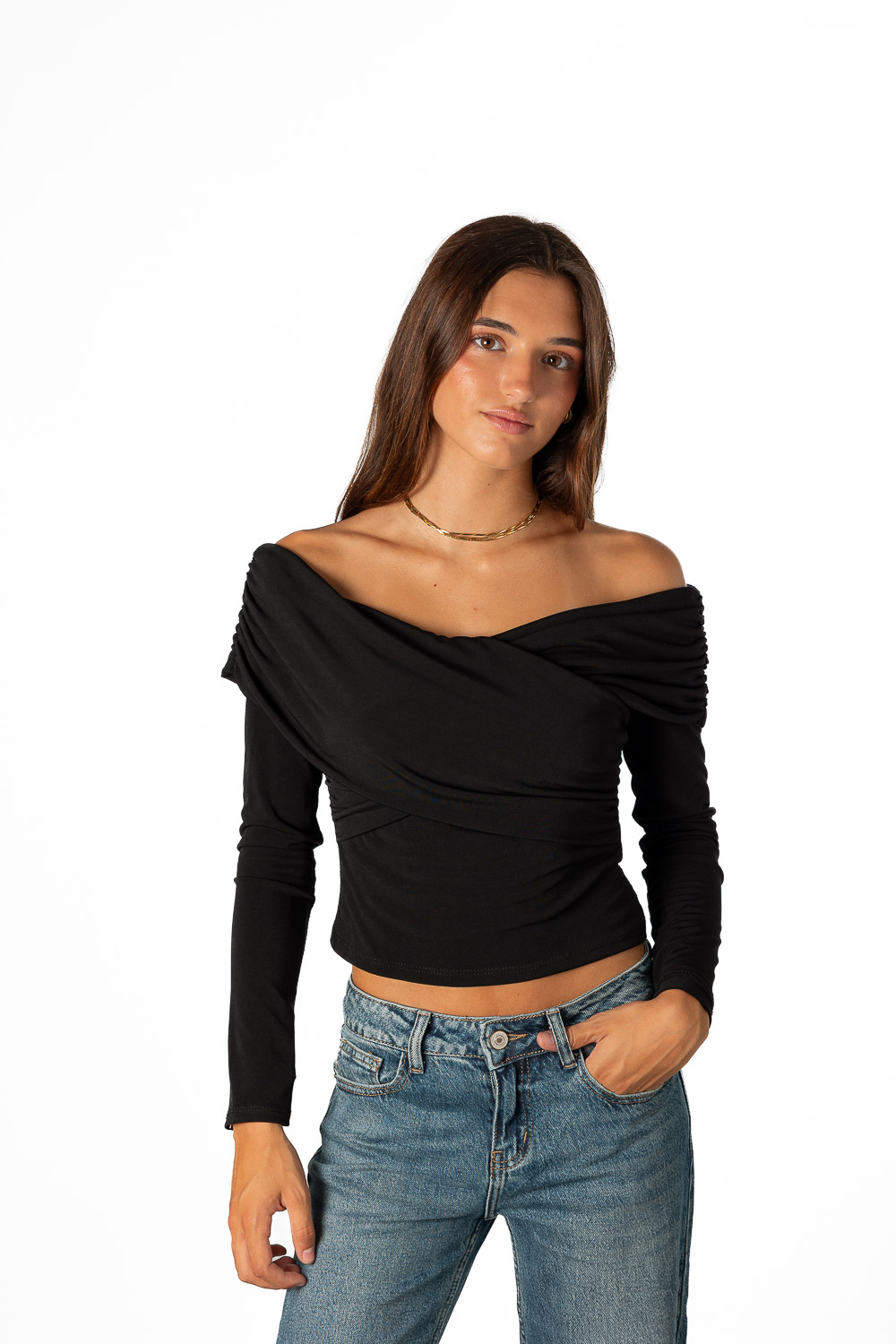 Top Bardot cruzado Negro