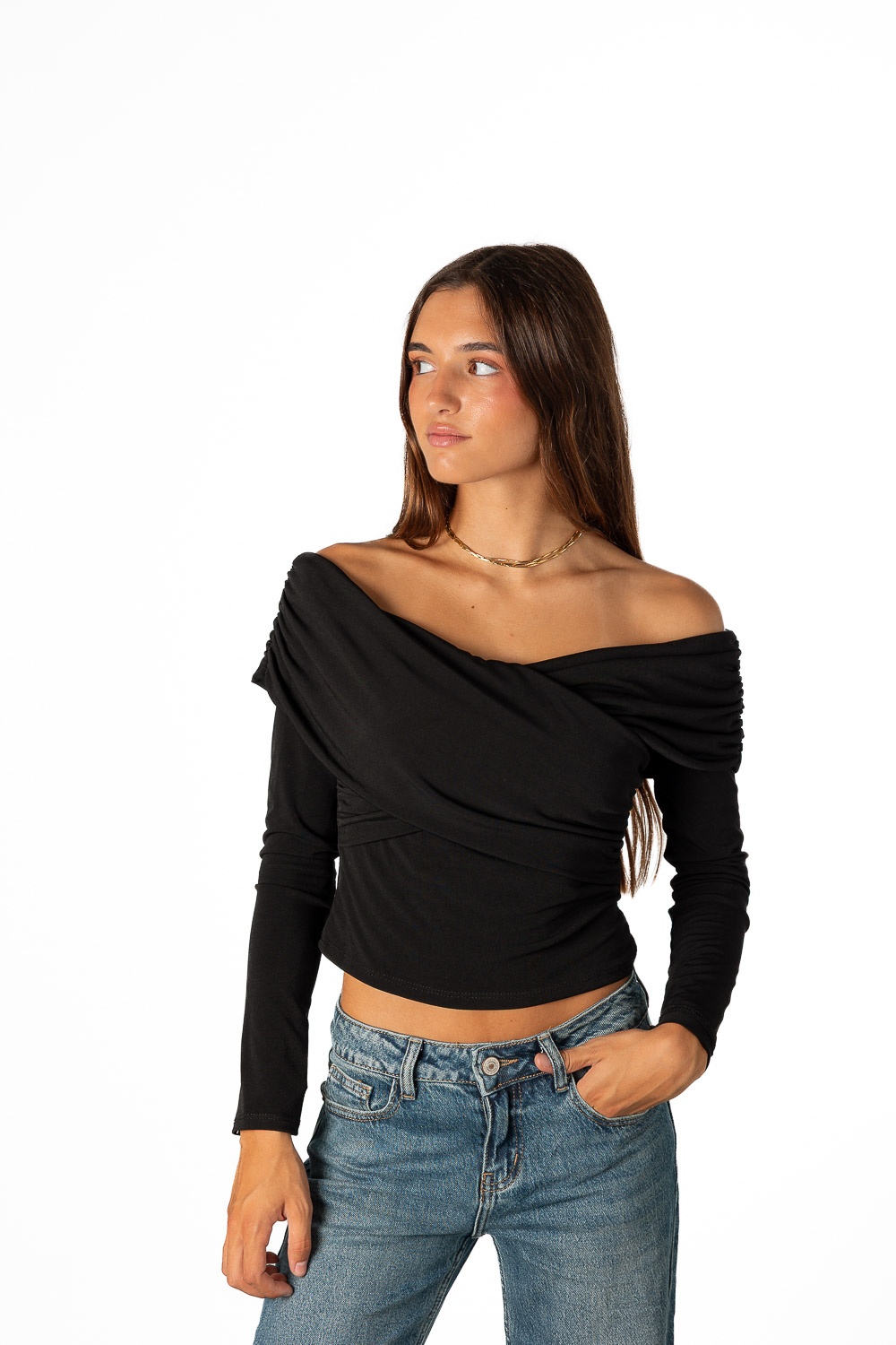 Top Bardot cruzado Negro
