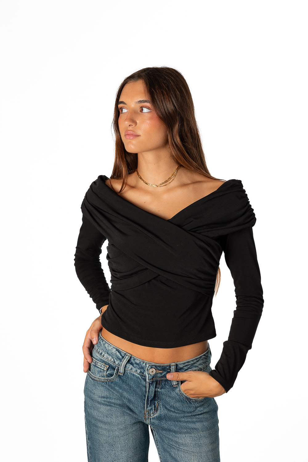Top Bardot cruzado Negro