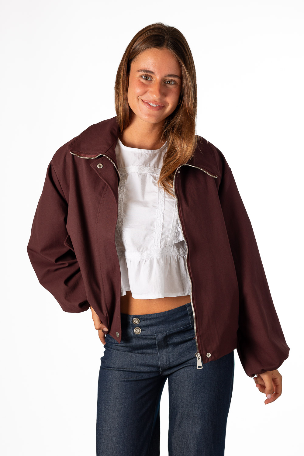 Cazadora Bomber Burdeos Bolsillos