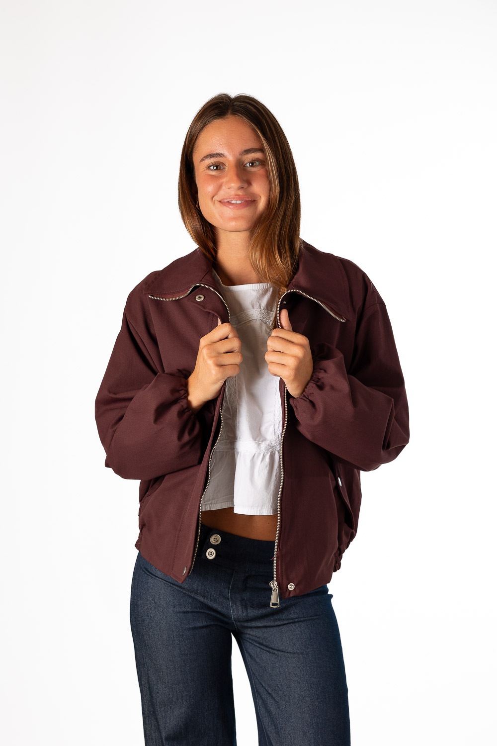 Cazadora Bomber Burdeos Bolsillos