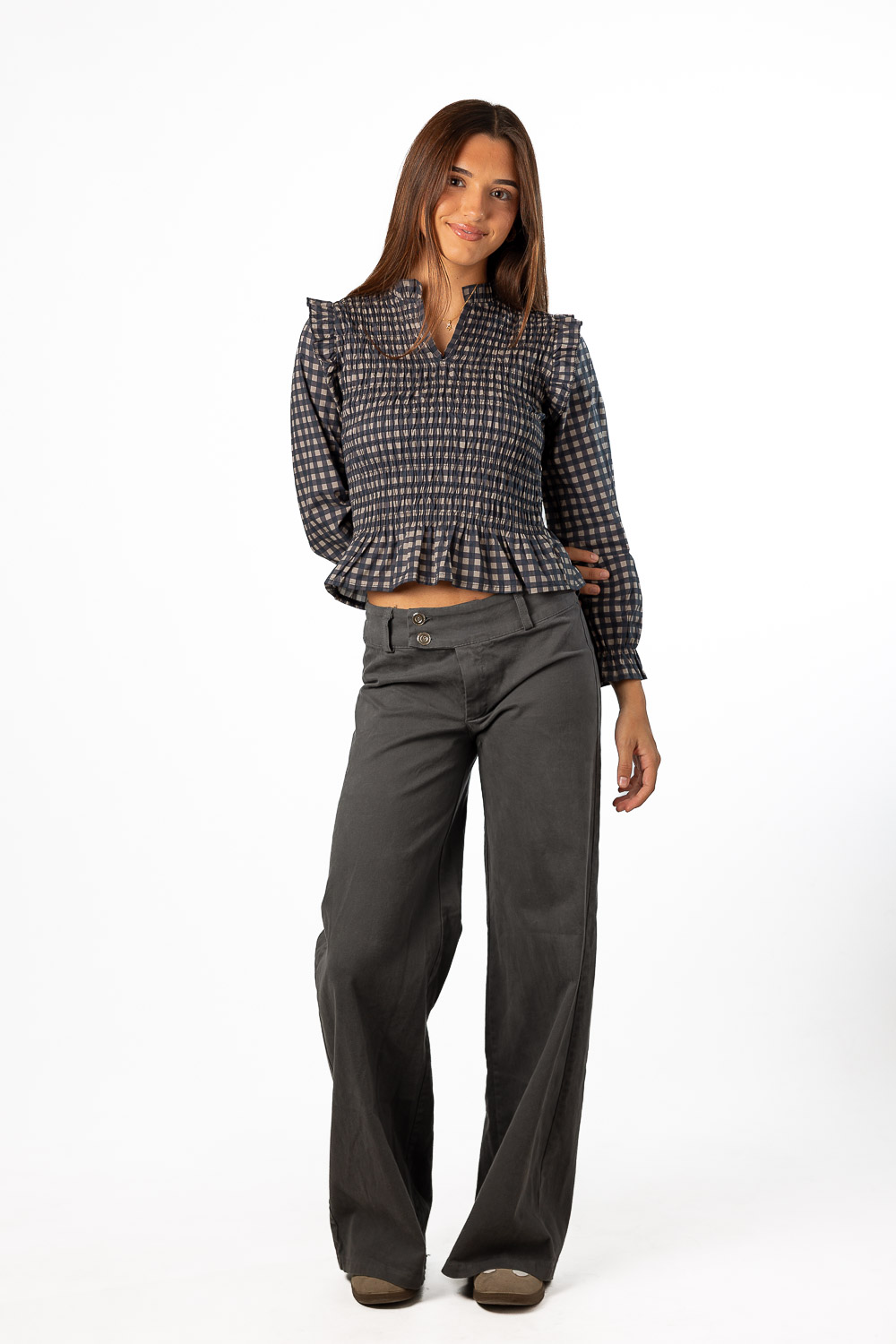 Blusa Vichy Azul Marino y Gris