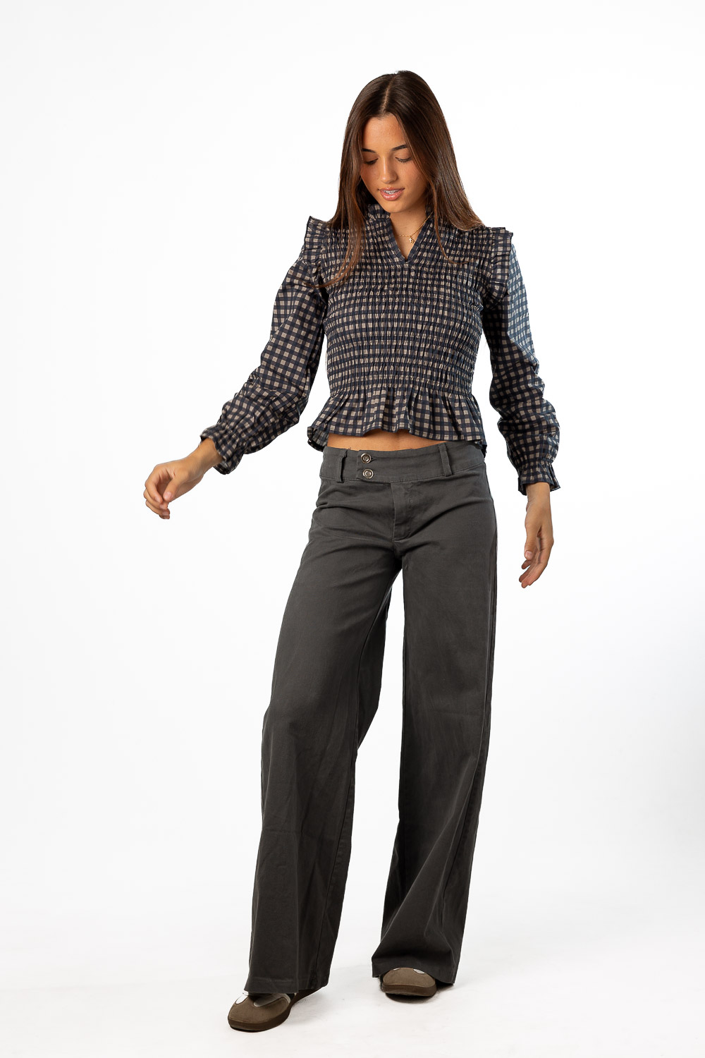 Blusa Vichy Azul Marino y Gris