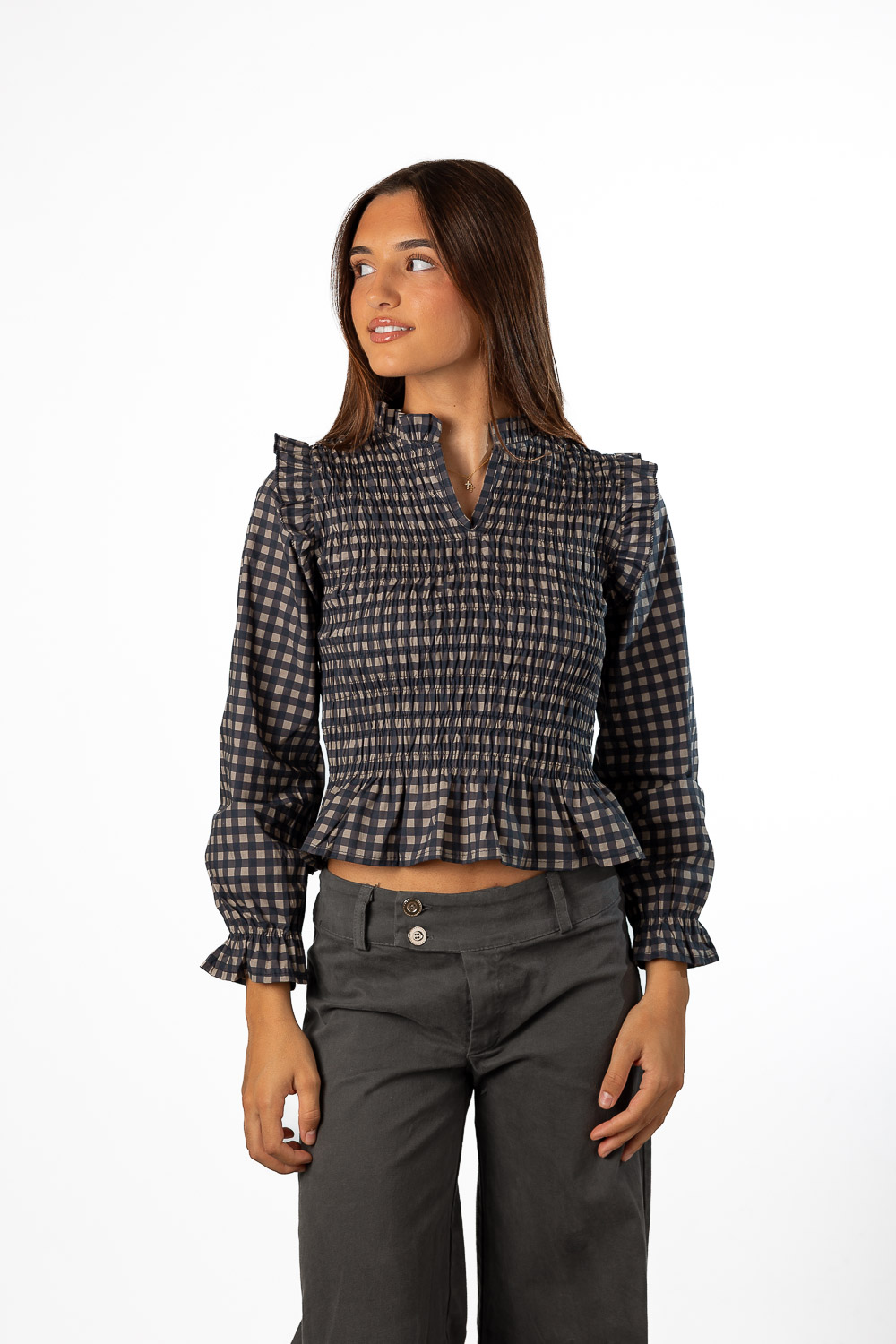 Blusa Vichy Azul Marino y Gris