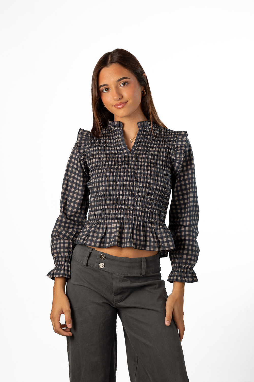 Blusa Vichy Azul Marino y Gris
