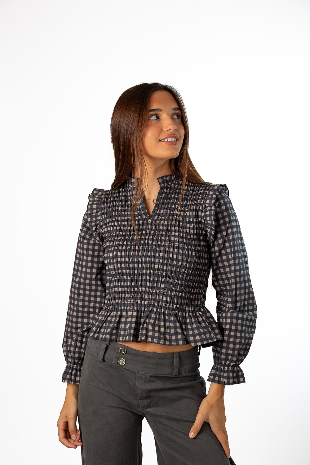 Blusa Vichy Azul Marino y Gris