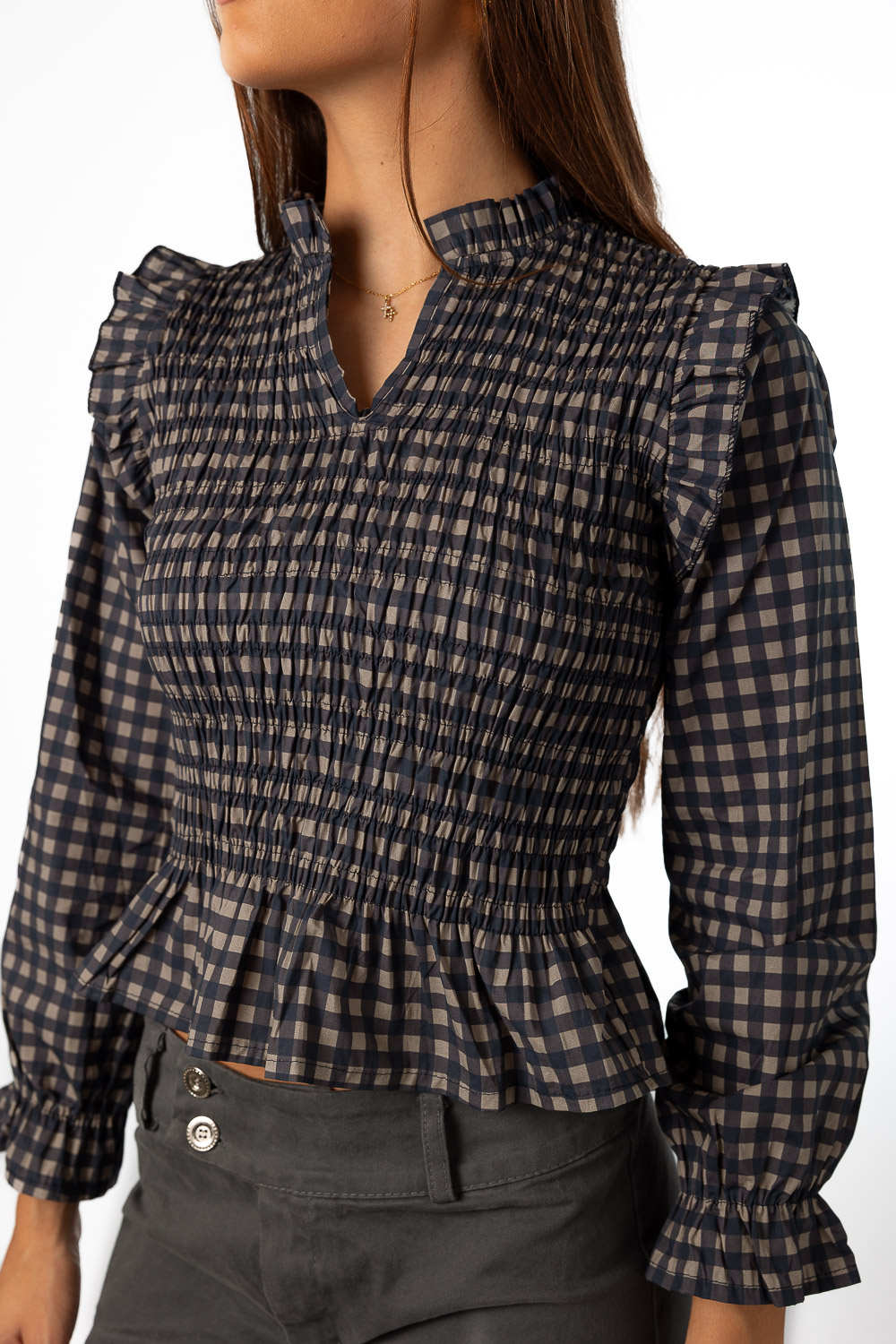 Blusa Vichy Azul Marino y Gris