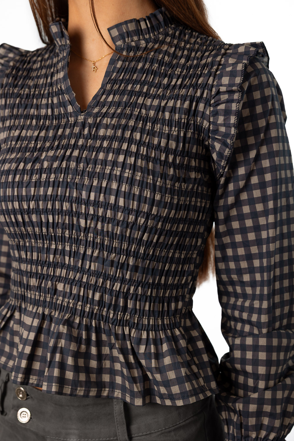 Blusa Vichy Azul Marino y Gris