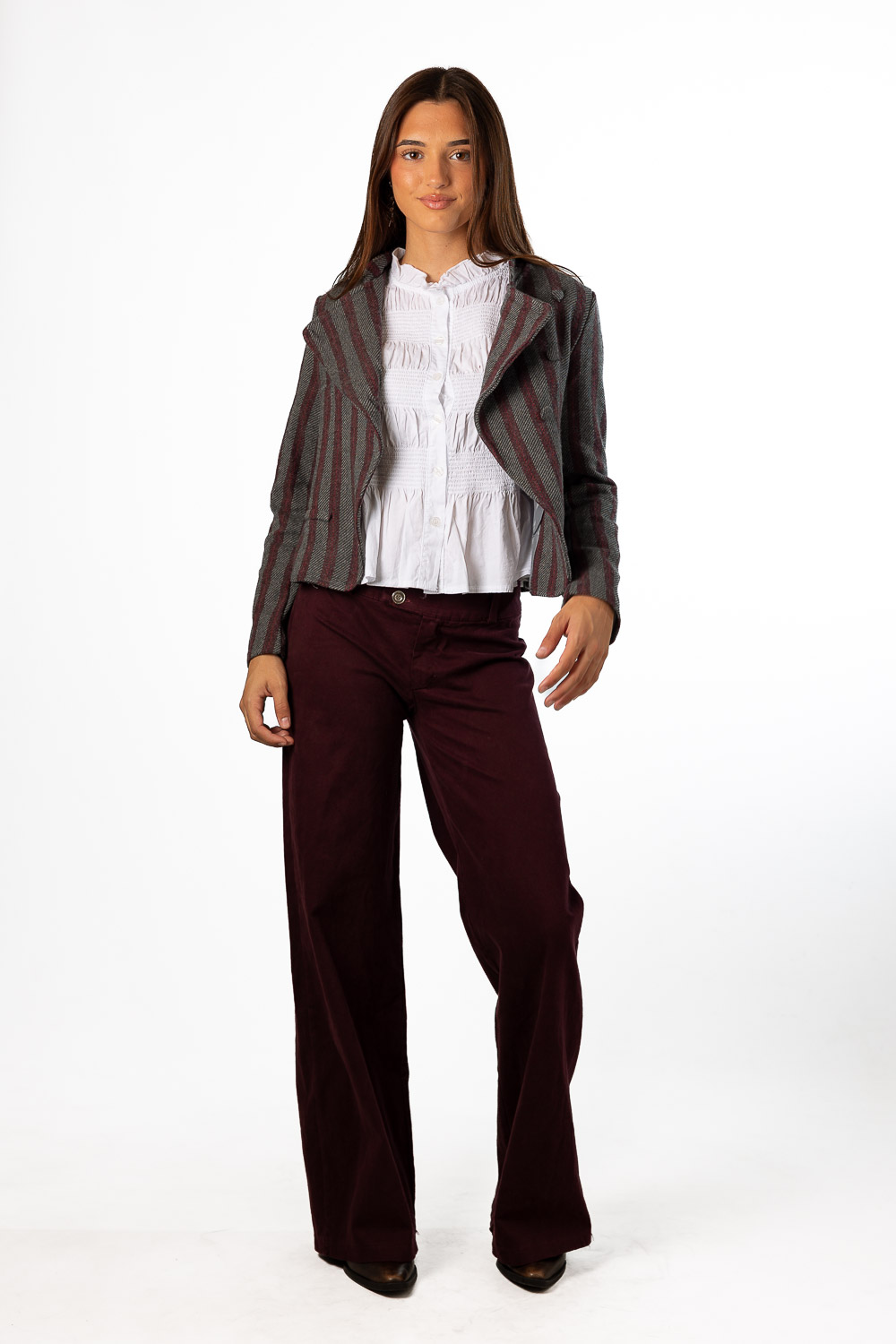 Chaqueta Rayas Botones Gris y Burdeos