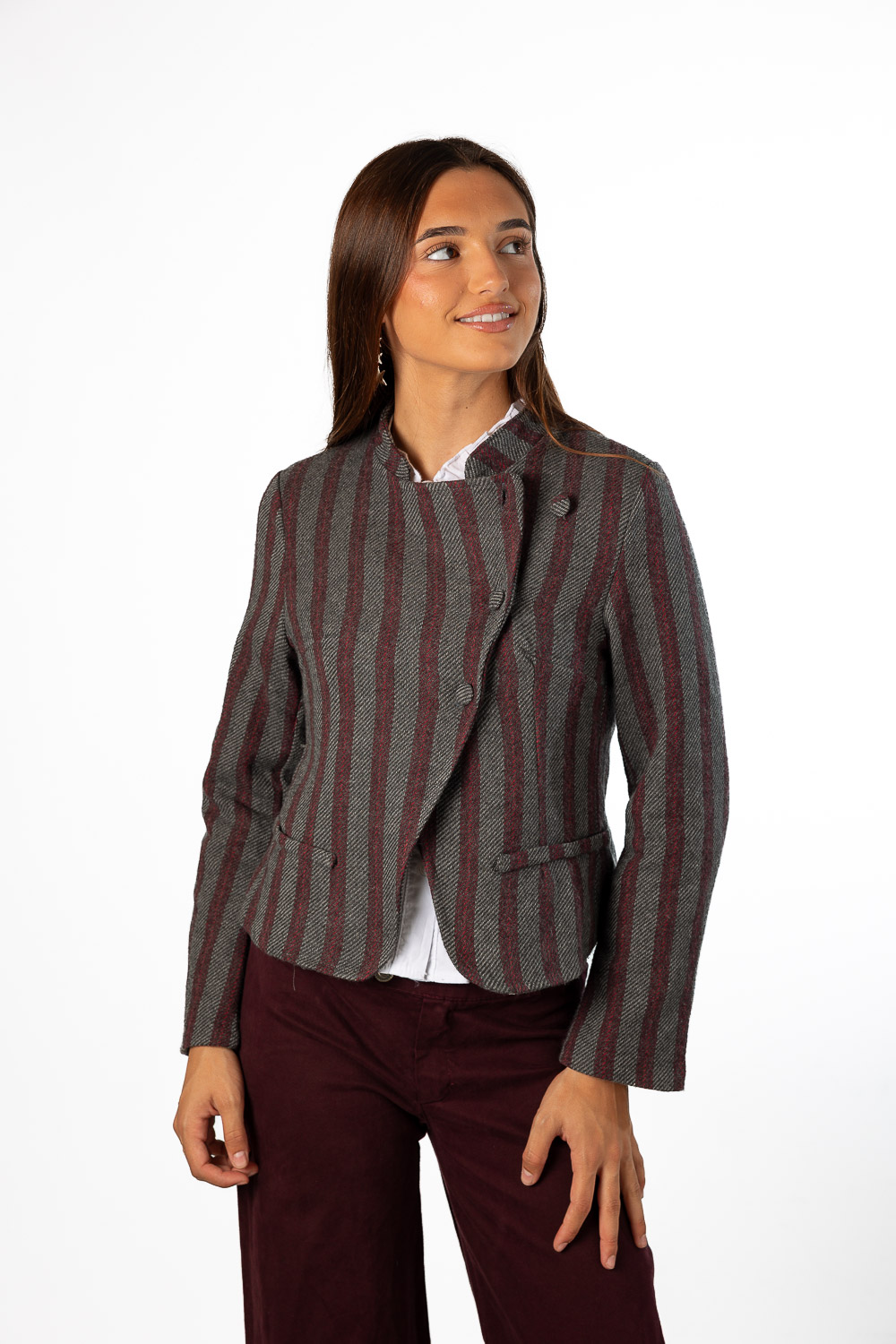 Chaqueta Rayas Botones Gris y Burdeos