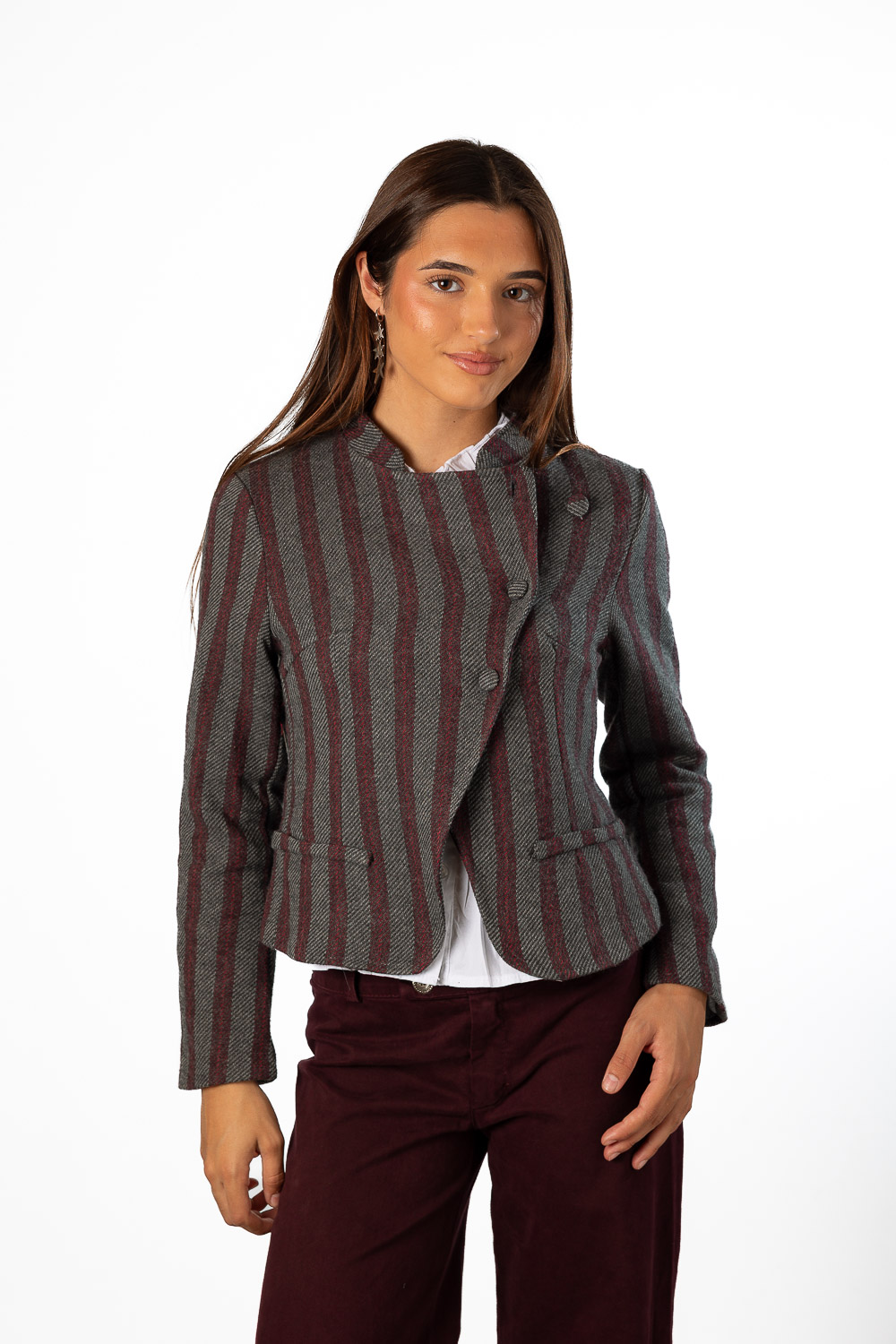 Chaqueta Rayas Botones Gris y Burdeos